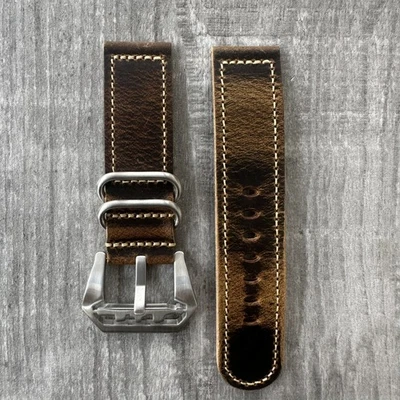 Pour OFFICINE PANERAI PAM 24mm Bracelet En Cuir Marron + Boucle Submarine - Photo 1/4