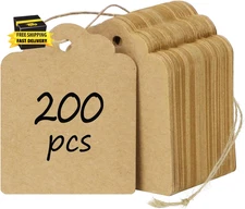 200 Pcs Price Tag with String Attached Writable Brown Kraft Paper Tags with Jute