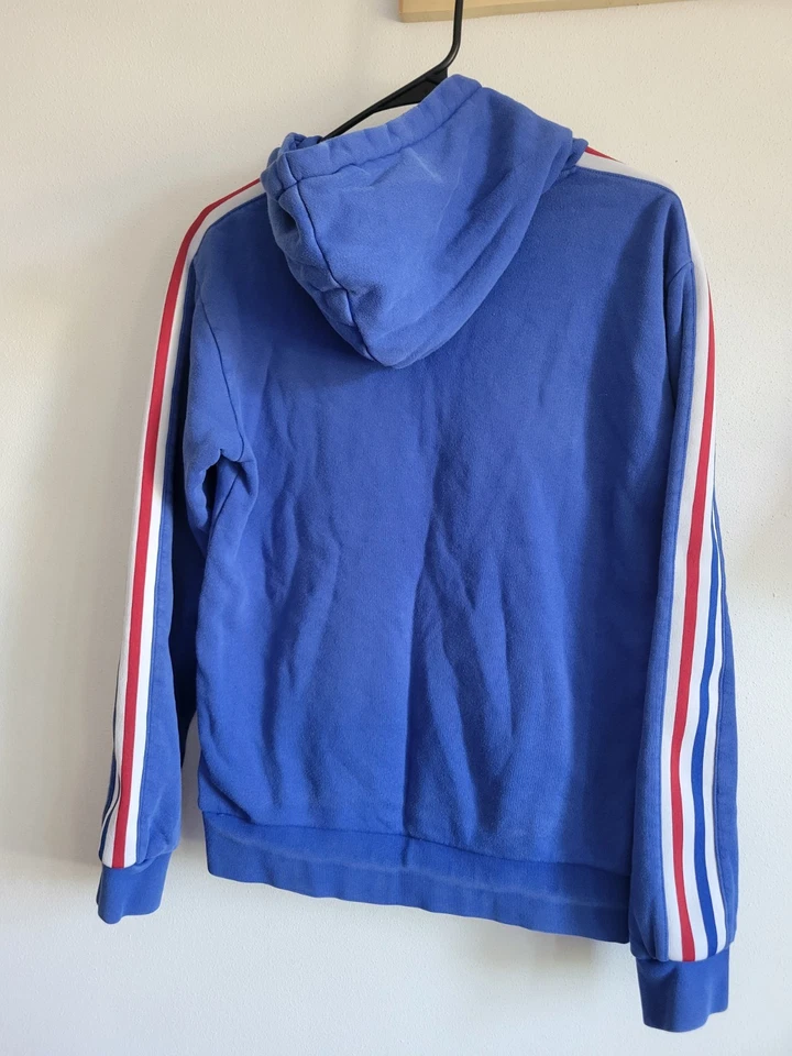1990s Adidas Blue Hoodie Pullover Men's Small Sleeve Stripe Trefoil Blue - Image 4 of 4