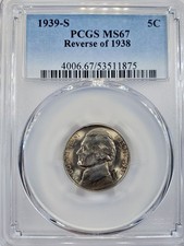 1939-S JEFFERSON NICKEL, REVERSE OF 1938 PCGS MS67