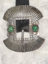 Navajo Vintage Hand Stamped Sterling Silver And Turquoise Concho Leather Belt