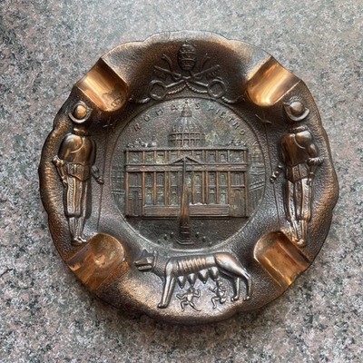 Vintage Bronze Metal Roma S Pietro Embossed Souvenir Ashtray 5 5/8'' Wide