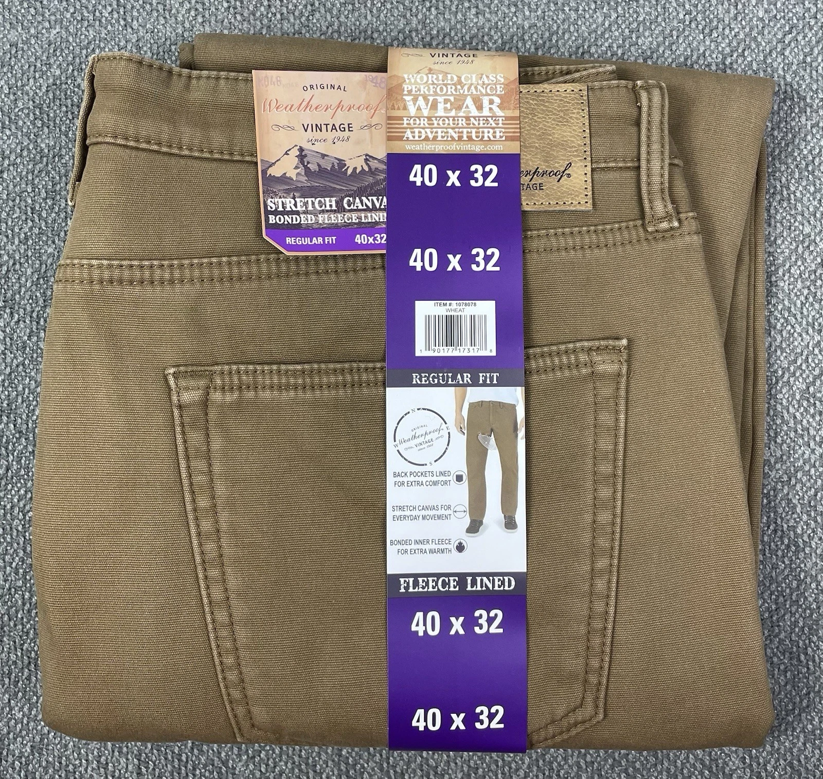 Weatherproof Vintage Men’s Fleece Lined BROWN Canvas Pants 40x32 NWT