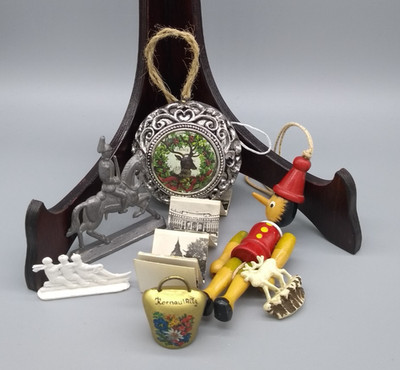 Christmas Greeting Hirsch, Pinokio, Glocke, Zinn - Figur Weihnachtsbaumschmuck