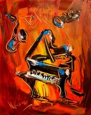 GRAND PIANO    IMPRESSIONIST CARTOON ORIGINAL OIL  PAINTING  uoEFyE