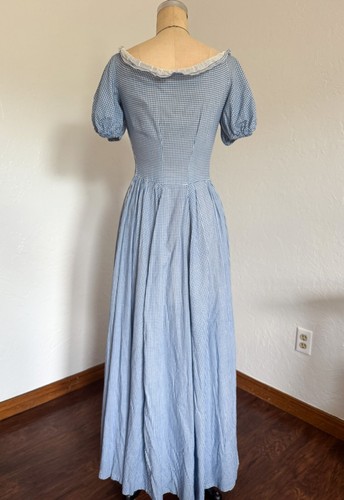 Vintage 1930s Cotton Dress Floor Length Gingham Check Blue White Puffed Sleeves - Picture 5 of 8