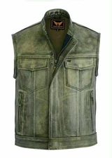 LuxHide Men Motorcycle Biker Distressed Leather Vest Anarchy Club Gun Pocket