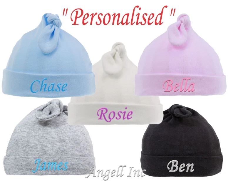 SOFT TOUCH Personalisierte Baby Neugeborene Mütze Beanie Knoten Baumwolle 0-6 Monate rosa blau weiß Geschenk