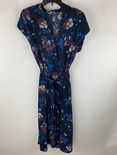 H&M Navy Royal Blue Red Floral V Neck Button Down Tie Waist Maxi Dress 6