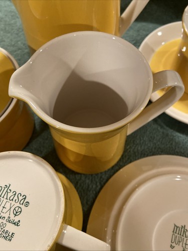 1970s Ben Seibel Mikasa Duplex Yellow Coffee Pot Creamer Sugar and 4 cups saucer - Picture 10 of 24