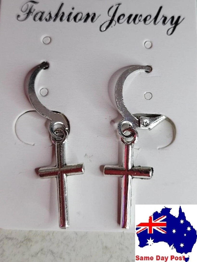 Silver Stainless Steel Cross Dangle Chain Earing Huggie Earrings Women Men