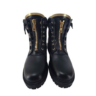 Balmain Combat Biker Logo Black Zipper Boots Shoes Black