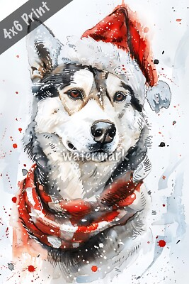 #ad Dog Siberian Husky in holiday outfit watercolor Art 4x6 Print $8.40