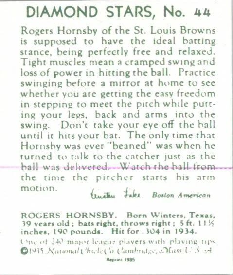 (25) ROGERS HORNSBY 1935 National Chicle Card #44 Reprints CARDINALS - Image 2 of 2
