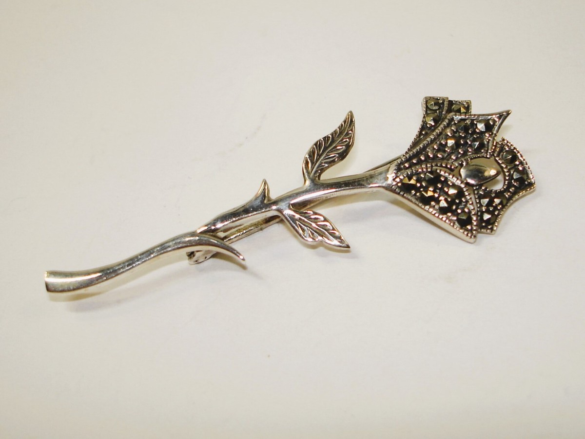 AB Vintage Antique Marcasite .925 Sterling Silver Flower 