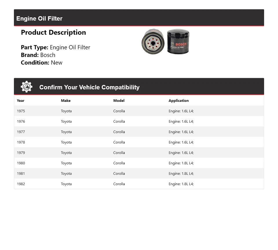Filtro de aceite premium para Toyota Corolla Bosch 1975-1982 1976 1977 1978 1979 1980 Foto 2 de 3