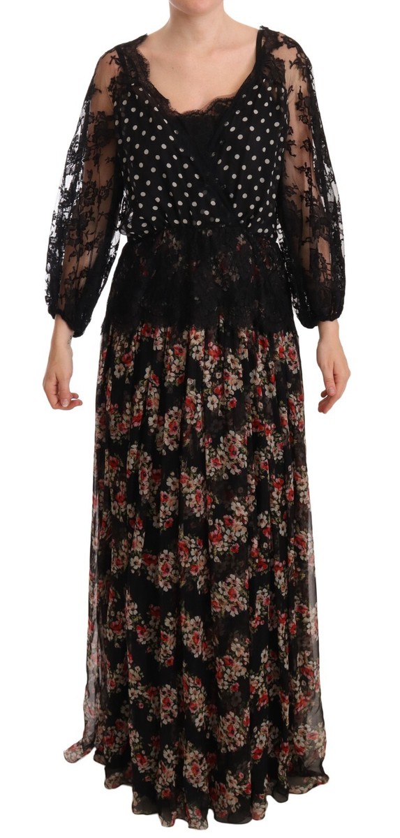 DOLCE & GABBANA Capri Dress Black Lace Floral Polka Maxi IT46/US12