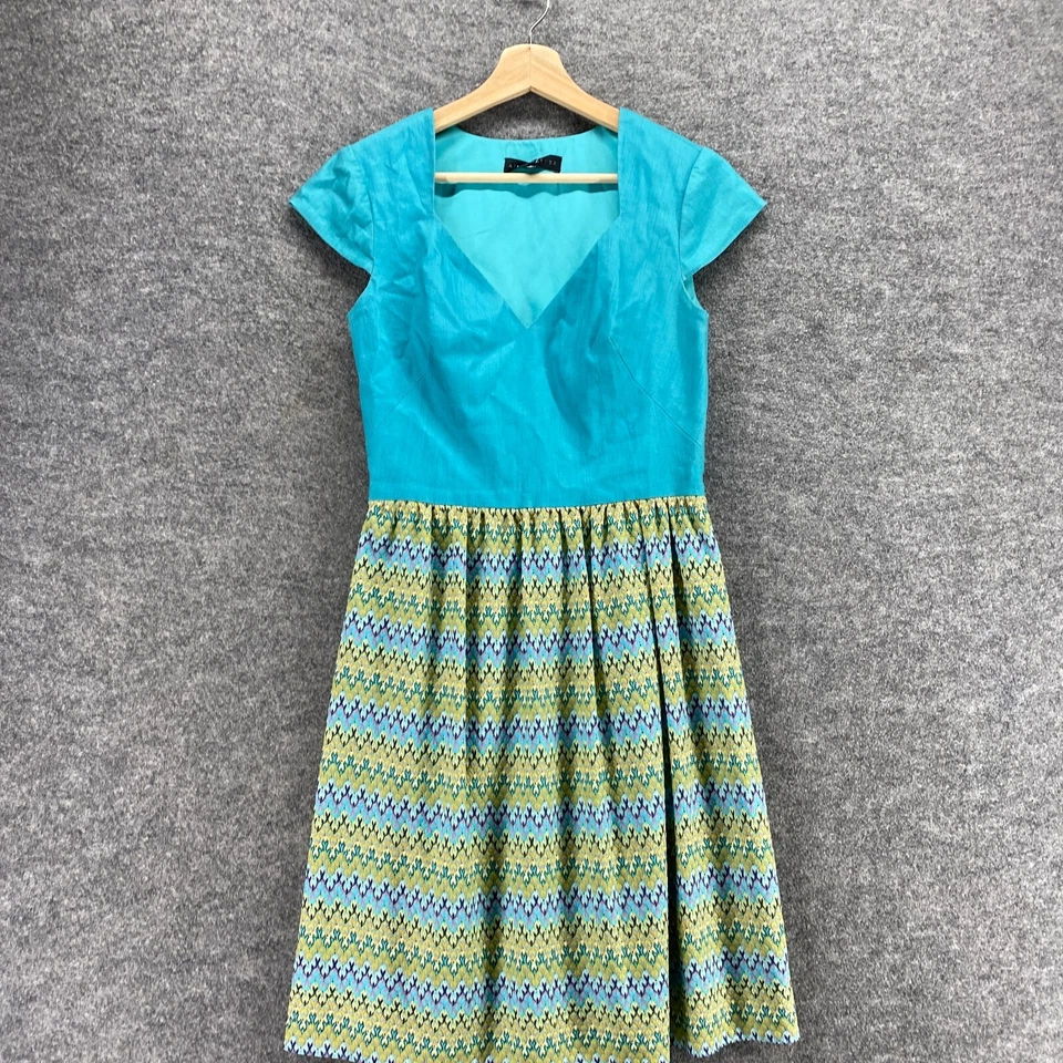 Vestido Aidan Mattox Mujer 6 Azul Rayas Funda Midi Cuello en V Manga Corta Informal Foto 3 de 4