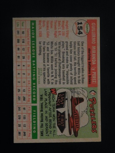 Tarjeta de béisbol 1955 Topps #154 Willie Miranda (nuevo) - Imagen 2 de 2