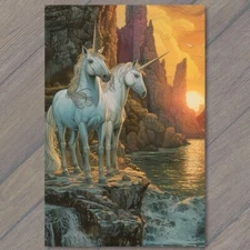 Art Print Unicorn Pair On Rock Sea Water Sun Weird Unusual Strange Left Behind