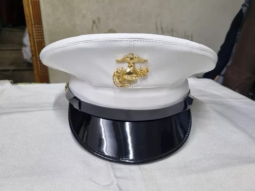 USMC Marine Corps Dress Blues Uniform Artificial Leather Visor Hat Cap 7 1/4 - Picture 5 of 6