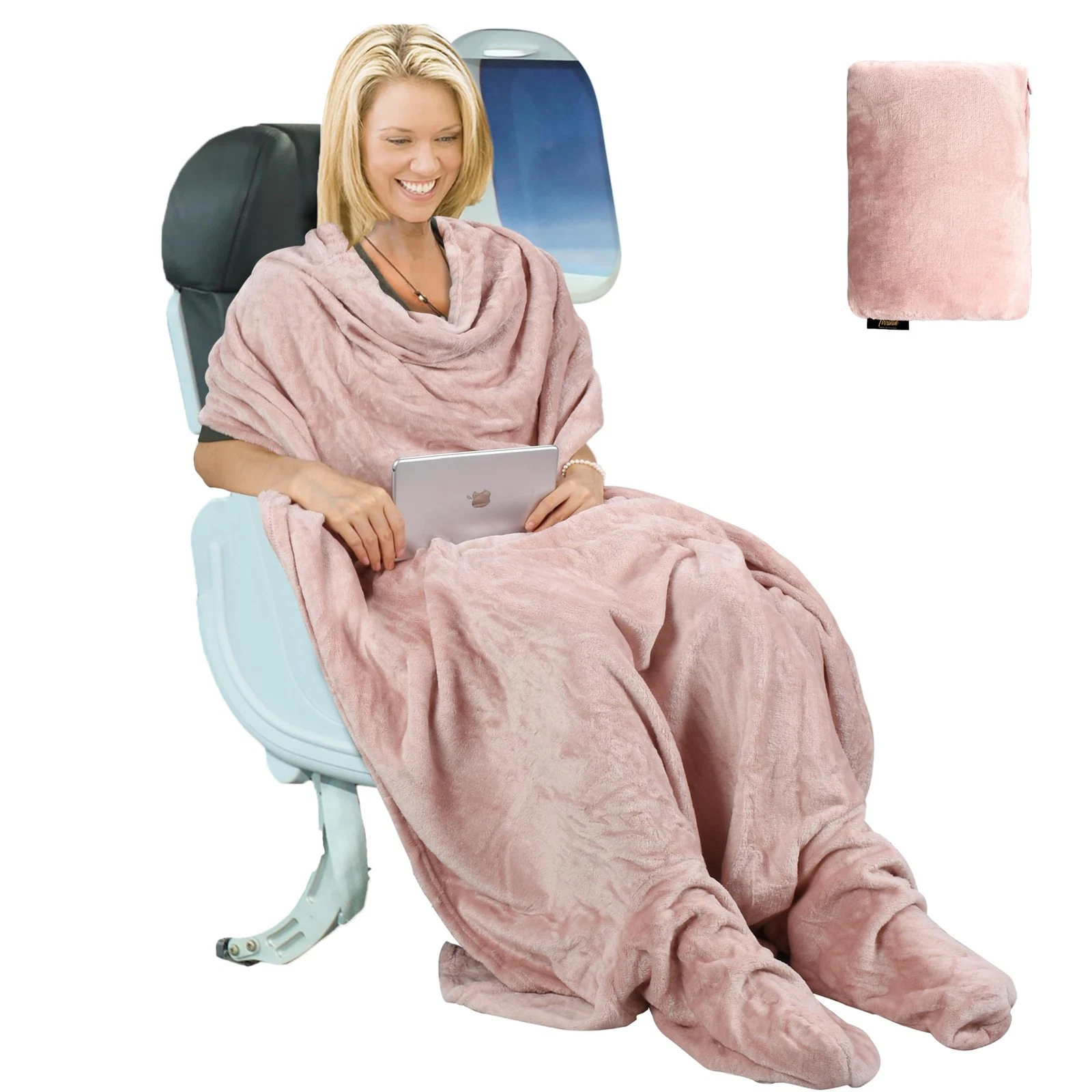 Travel Portable Blanket with Feet Pocket Airplane Office Poncho 4 in 1 Zipper...
