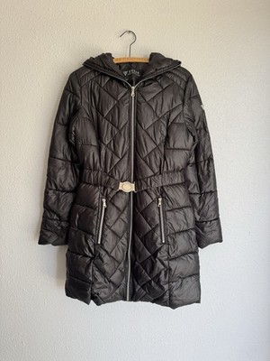 Guess Full Zip Up Puffer Black Women s Jacket Coat Medium Belt Strap