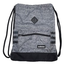 Adidas Drawstring Backpack Gym Bag Grey Heather Black 3 Stripe Zip Pocket