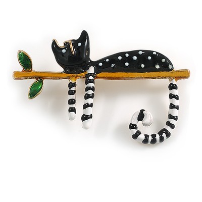 Schwarze/weiße Emaille Katze Brosche in goldfarben - 50 mm quer