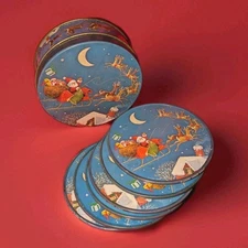 Vtg Jasco Night Before Christmas 7 Piece Lithographed Tin Coasters Cork Back