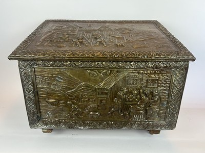 Antique 19th Century Repousse Brass & Wood Chest – Tavern Scene