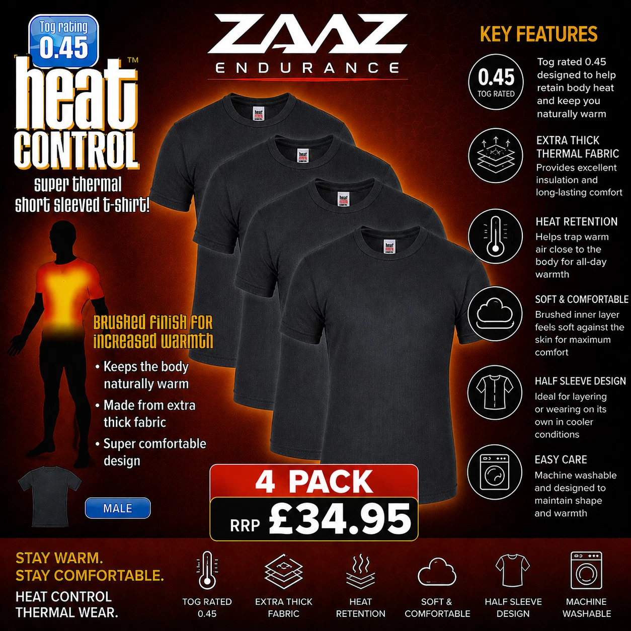 4 Pack Men's Black Thermal T Shirt Top Warm Ski Outdoor Base Layer S M L XL XXL