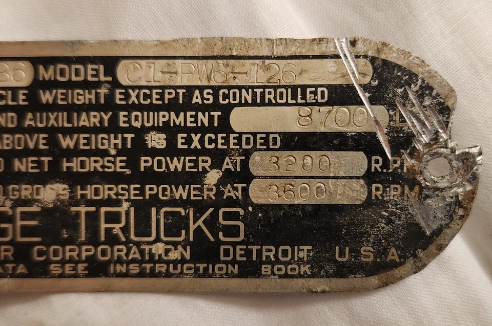 1954 Dodge питания универсал грузовик табличка с данными ярлык заводской штамп оригинал - Изображение 3 из 4