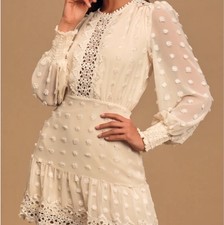 Lulus Cream A-Line Dress Long Sleeve Crochet Hem Sheer Size S