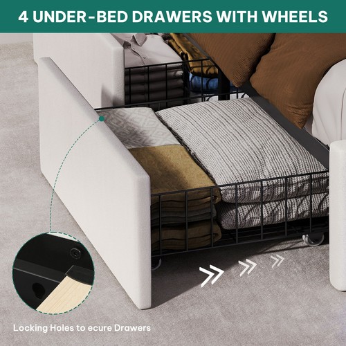 Queen Size Velvet Upholstered Bed Frame with 4 Storage Drawers & RGB LED Lights - Picture 6 of 9