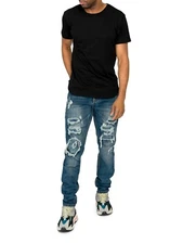 Victorious Men's Washed Distressed Faded Rip and Repair Denim Jeans DL1119EY