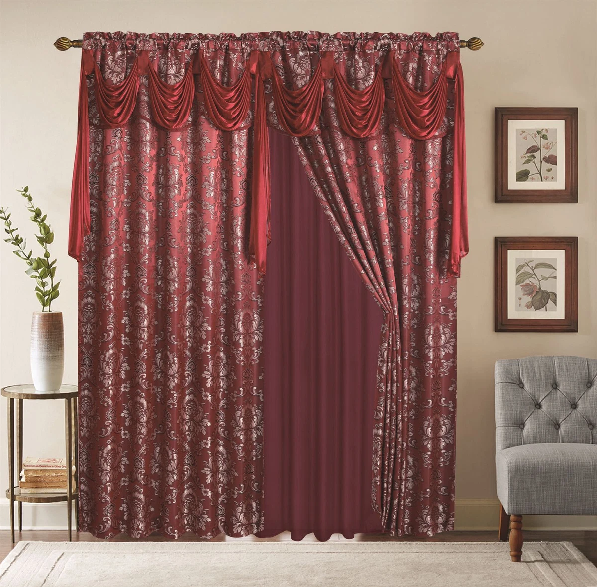 Window Curtains 2 Panel Set Luxury Red Burgundy With Valance and