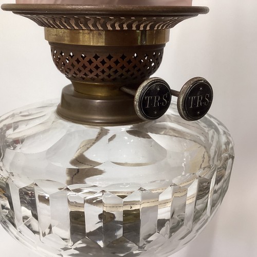Antique Oil Lamp Thomas Rowatt Duplex Burner Cranberry Glass Shade Crystal Font - Picture 5 of 12