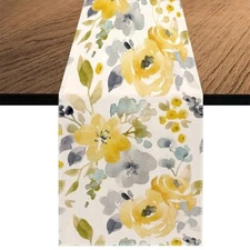 Yellow Floral Table Runner Seasonal Summer Watercolor Flower Holiday Kitchen ...