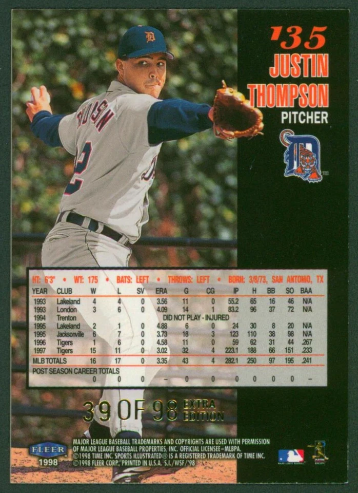 1998 Sports Illustrated World Series Fever JUSTIN THOMPSON Extra Edition SP #/98 - Image 2 of 2