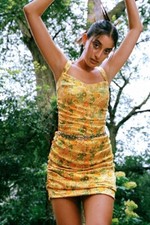 Urban Outfitters UO Ruched Bodycon Mini Dress Yellow Floral M Orig $59 NWT