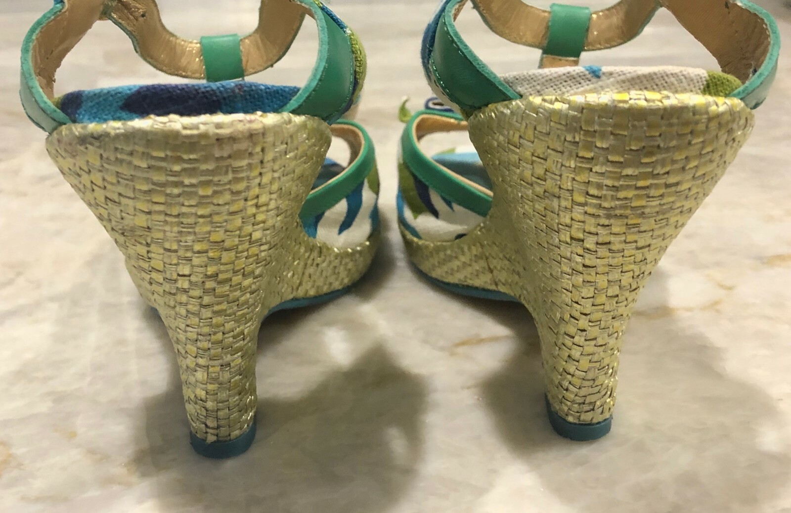 Poetic Licence London T Strap Bow Metallic Wedge Heels Sandals Shoe Size 39 US 8