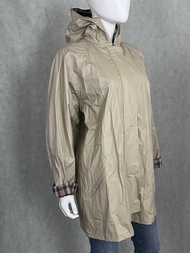 Totes Rain Jacket PVC Plaid Flannel Lined Beige Full Zip Size Small Hooded - Picture 4 of 22