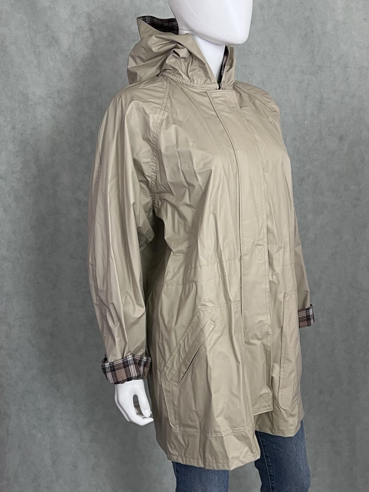 Jaqueta de chuva Totes PVC xadrez flanela forrada bege zíper completo tamanho pequeno com capuz - Imagem 4 de 4