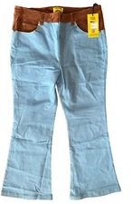 Ladies Large 10 12 Light Blue Denim Flare Jeans Corduroy Smiley Daisies 34" NWT