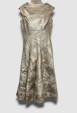 Rickie Freeman by Teri Jon Women's Gold Jacquard Round Neck A-Line Dress Size 6