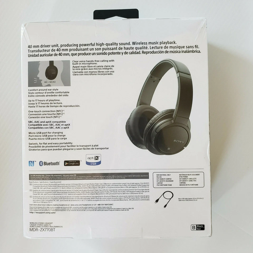 SONY Bluetooth Wireless Noise Canceling Headset MDR-ZX770BT Black NEW - Image 2 of 4