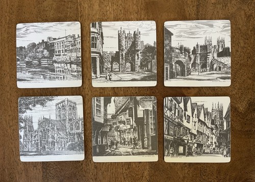 Vintage Set Of 6 Melamine Tableware Coasters Scenes Of York England Felt Back - Picture 1 of 3