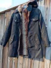 Black Faux Fur fully Lined Hooded Utility Parka Jacket Size S