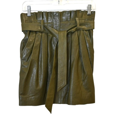 #ad Frame Green Leather Paperbag Tie Waist Mini Skirt Size 24 US 00 $59.49